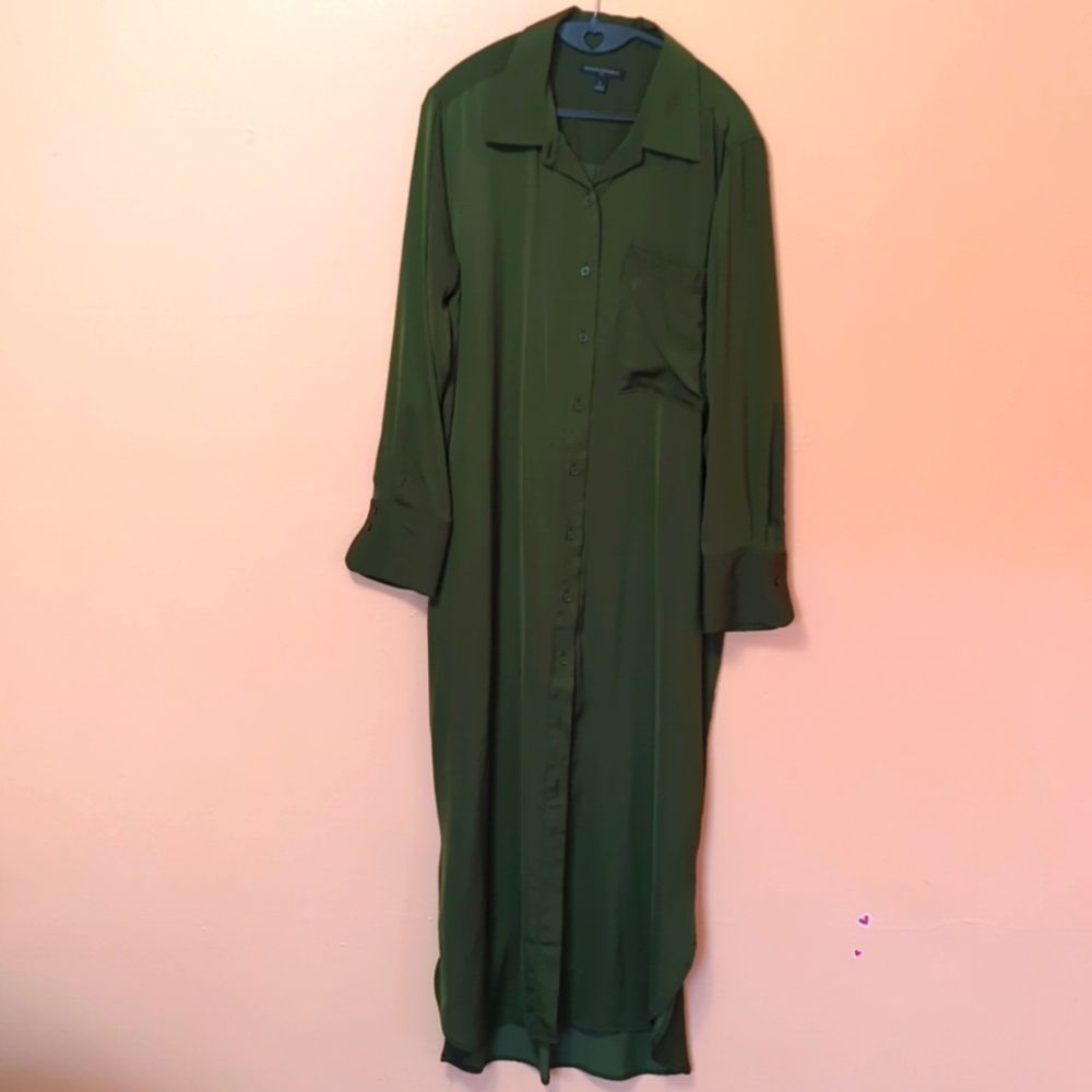Banana Republic Satin Khaki Green Long Sleeves Maxi Shirt Dress L